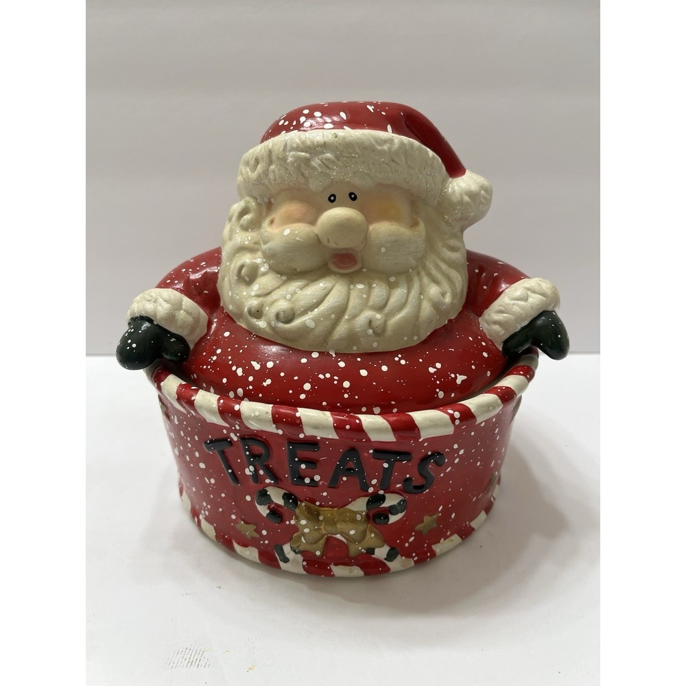 Christmas Ceramic Santa Cookie/Treat Jar With Lid Red White Jolly 7x7"